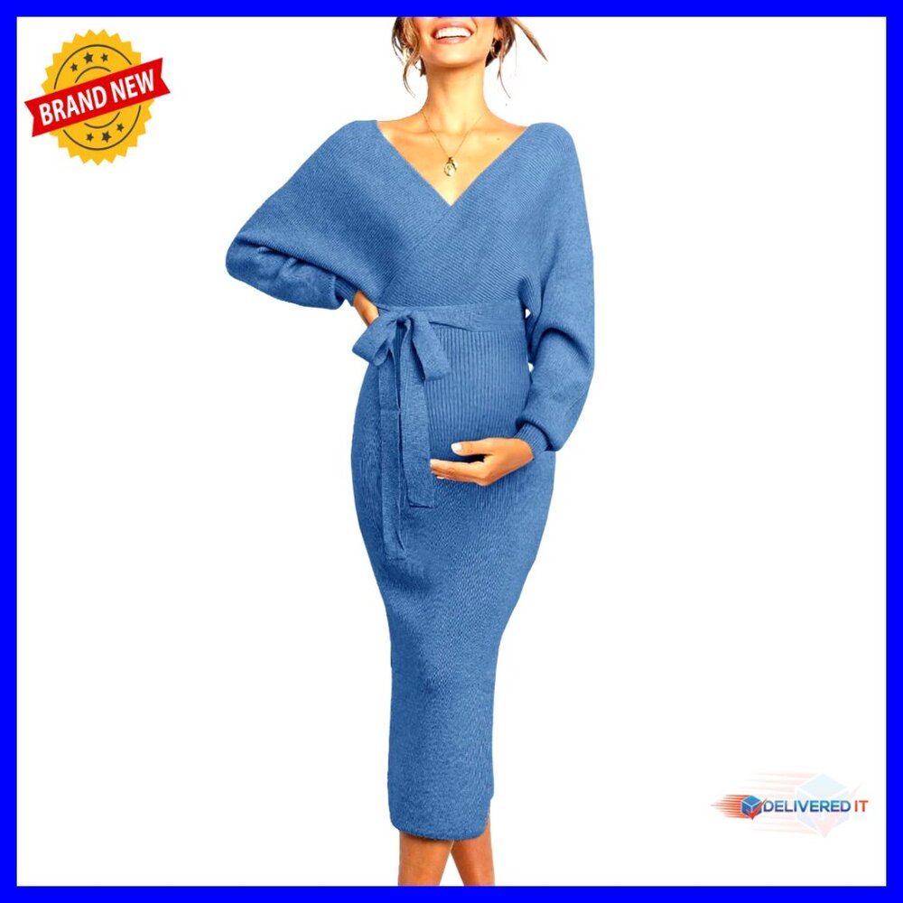 Maternity Nursing Sweater Dress Long Sleeve Maxi V-Neck Wrap Style